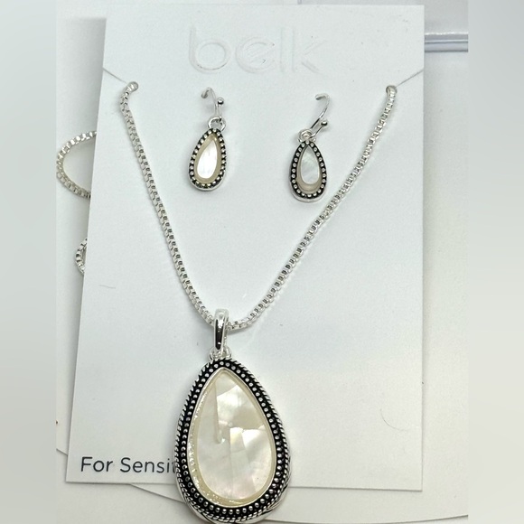 BELK Silver Tone and Mother of Pearl Pendant Necklace and Matching Hook Earrings - Picture 2 of 6